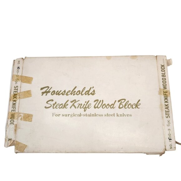 Vtg Household's Steak Knives Green Avocado Handles Wood Block Holder w/ Box MCM - Picture 6 of 9
